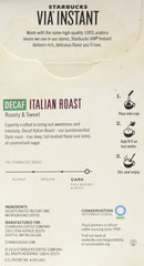Starbucks VIA Decaf Italian Roast sachets close-up reveal portable, mess-free instant coffee