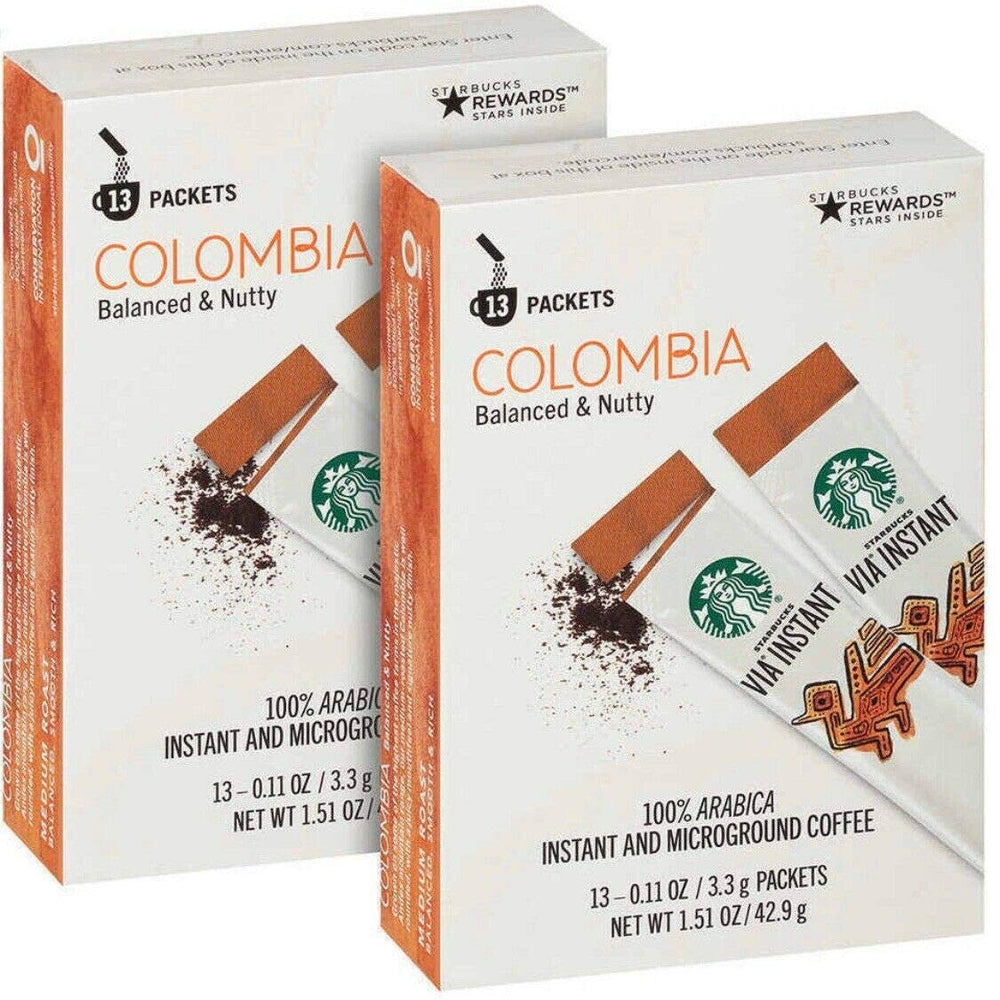 Starbucks VIA Instant Medium Roast Colombia packets ready for quick, rich coffee at home.