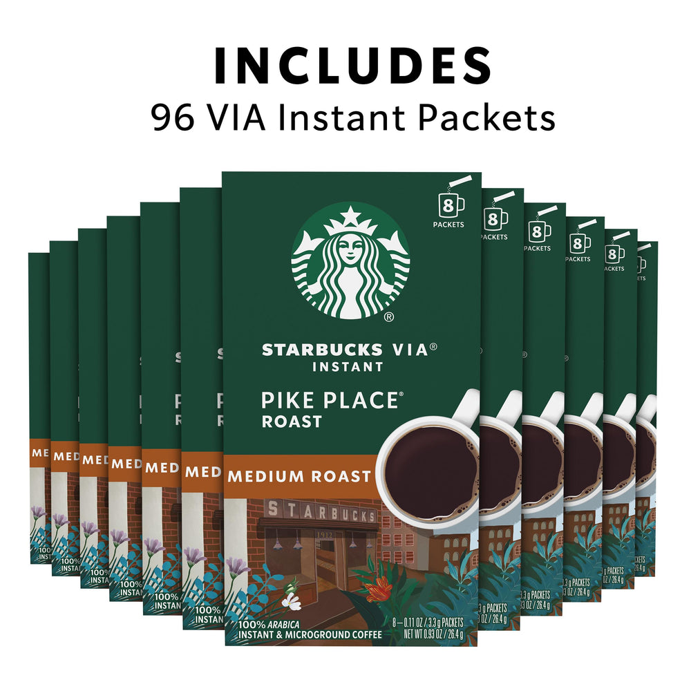 Starbucks VIA Pike Place 96-pack box on shelf indicating convenient daily supply.