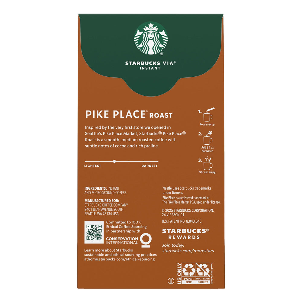 Starbucks VIA Pike Place packaging detail emphasizing quality and care.