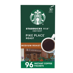 Starbucks VIA Pike Place roast coffee packets ready for a quick, flavorful cup.