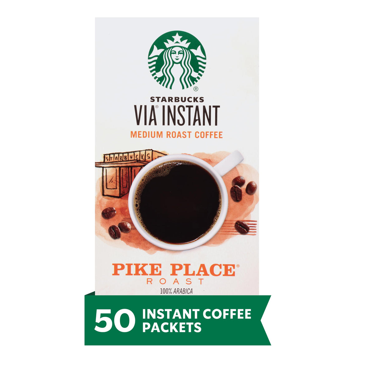 Starbucks VIA Pike Place Roast packet close-up for quick, convenient morning coffee.