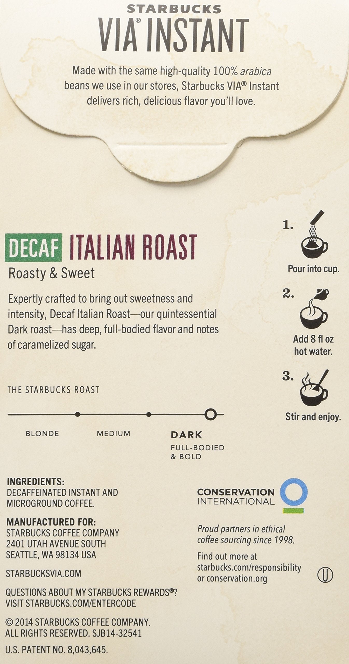 Starbucks VIA Decaf Italian Roast cup ready in seconds, delivering a smooth, low-caffeine ritual