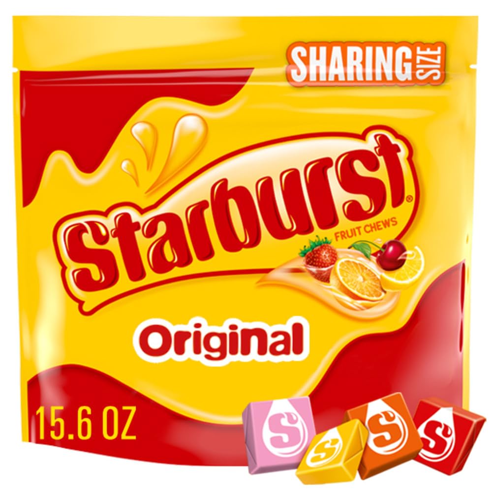 Starburst chewy candy bag front view, sharing-size packaging for gatherings.