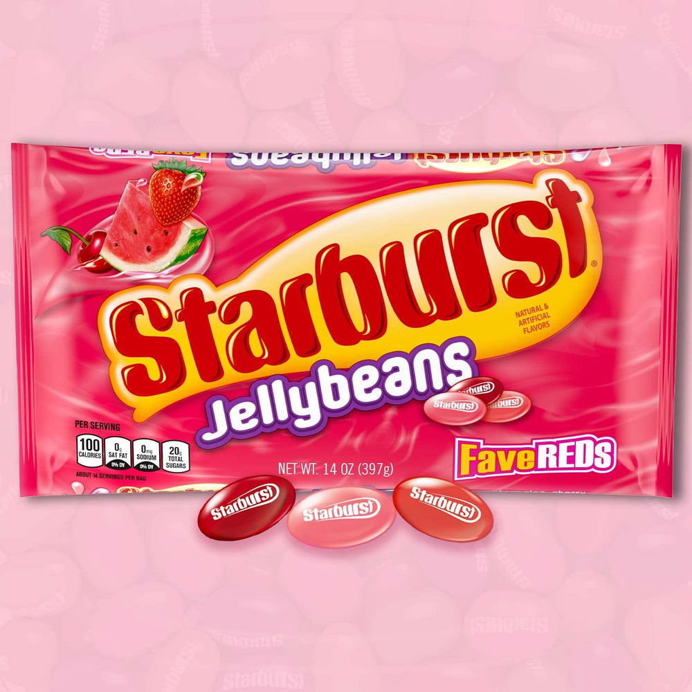 Assorted Starburst FaveREDS jelly beans displayed in a bowl with vibrant reds