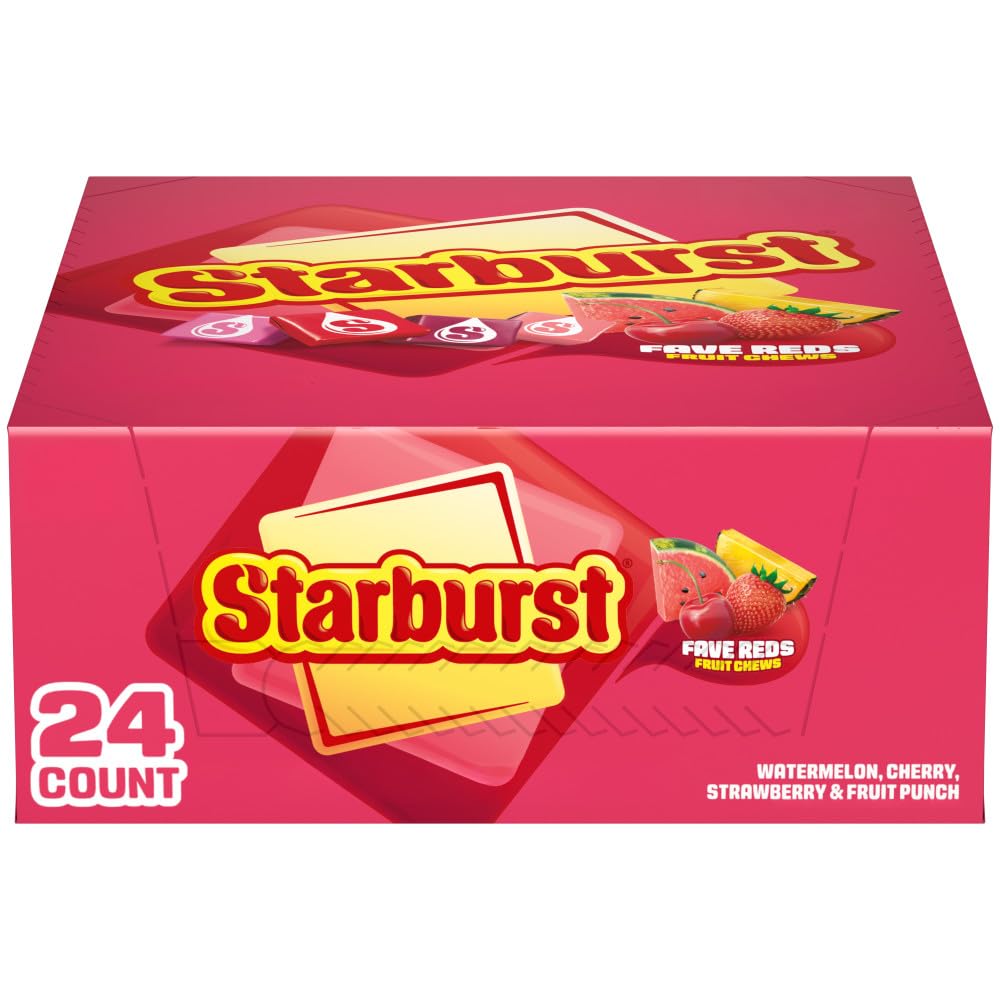 Starburst FaveREDS bulk 24-pack display of red fruit chews for sharing.