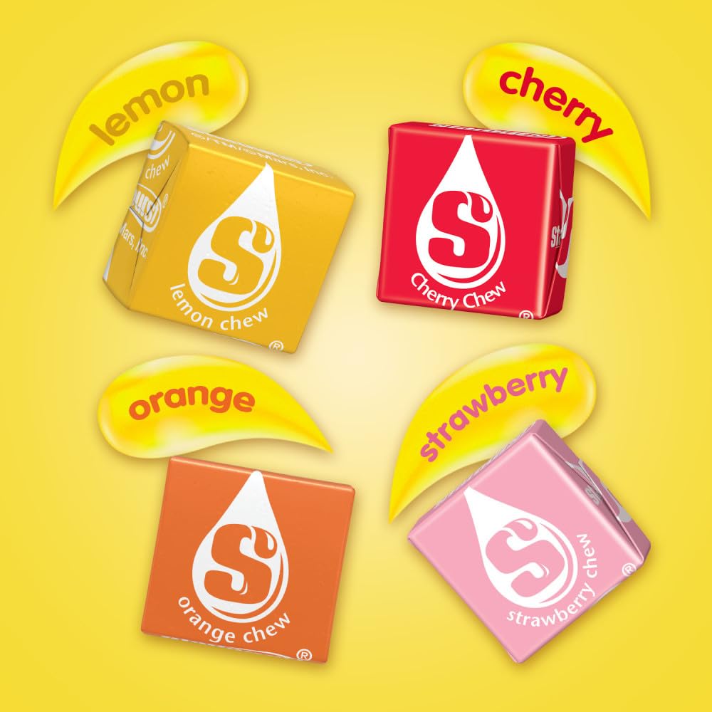 Starburst assorted fruit flavors show strawberry, cherry, orange, lemon.