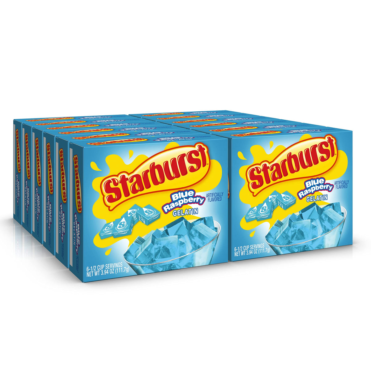 Starburst Gelatin Blue Raspberry box shows a vibrant, kid-friendly dessert option for gatherings