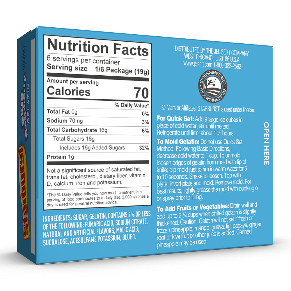 Starburst Gelatin Blue Raspberry serving highlights juicy flavor in convenient half-cup portions