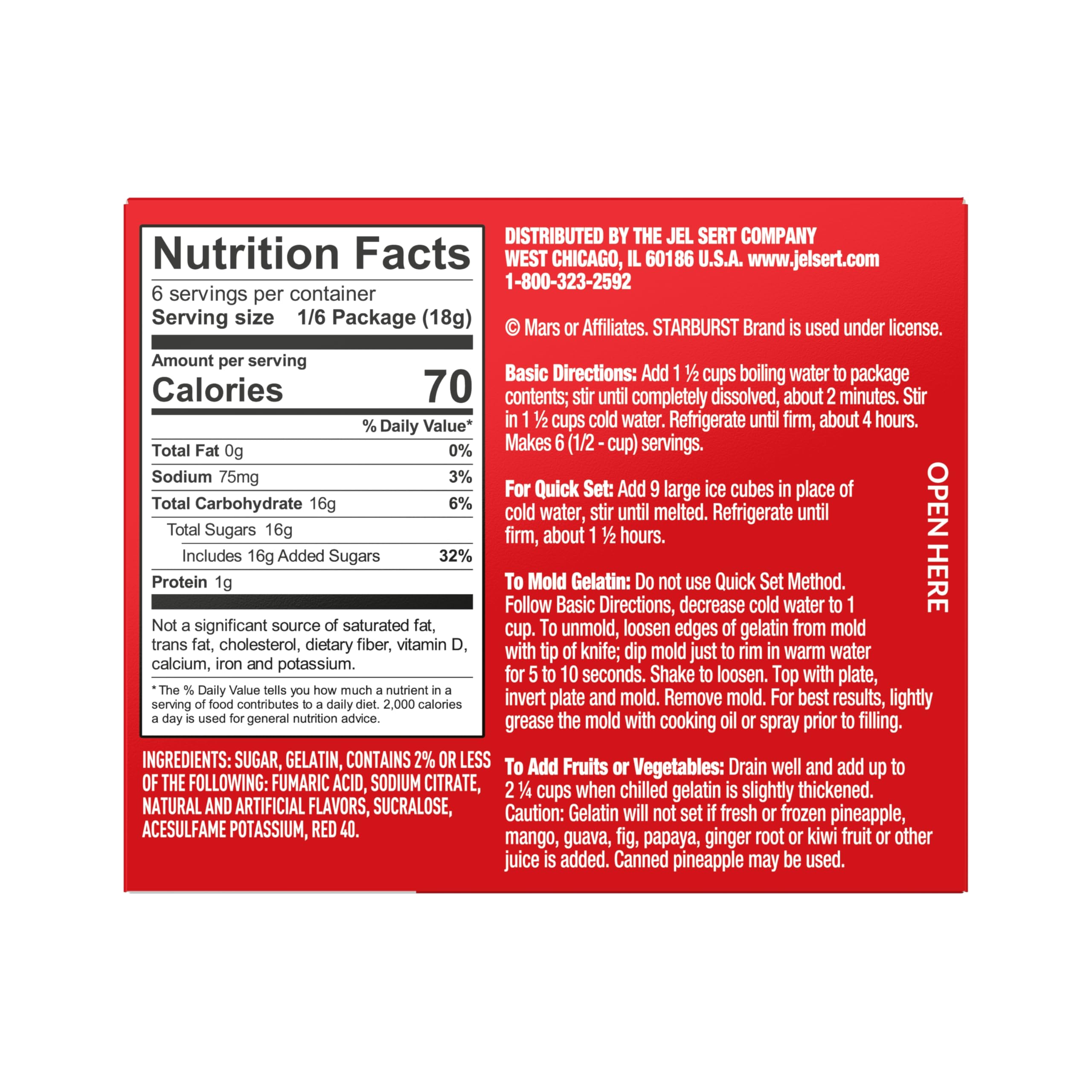Starburst Gelatin ingredients closeup highlights real fruit juice content.
