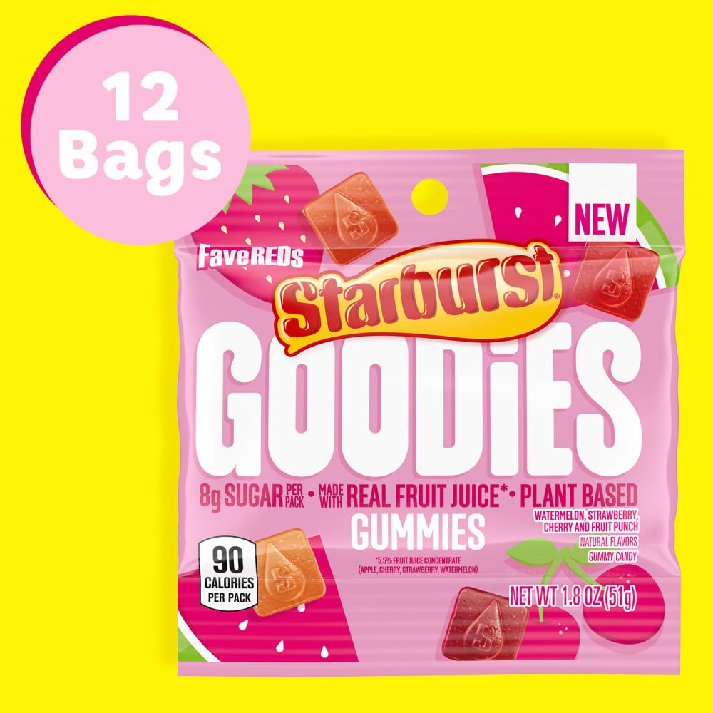 Starburst Goodies FaveREDS bag nutrition panel visible for quick checks.
