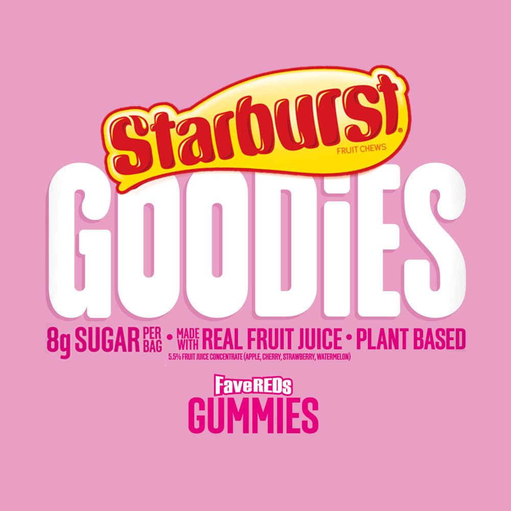 Starburst Goodies FaveREDS real fruit juice close-up highlighting juicy flavors.