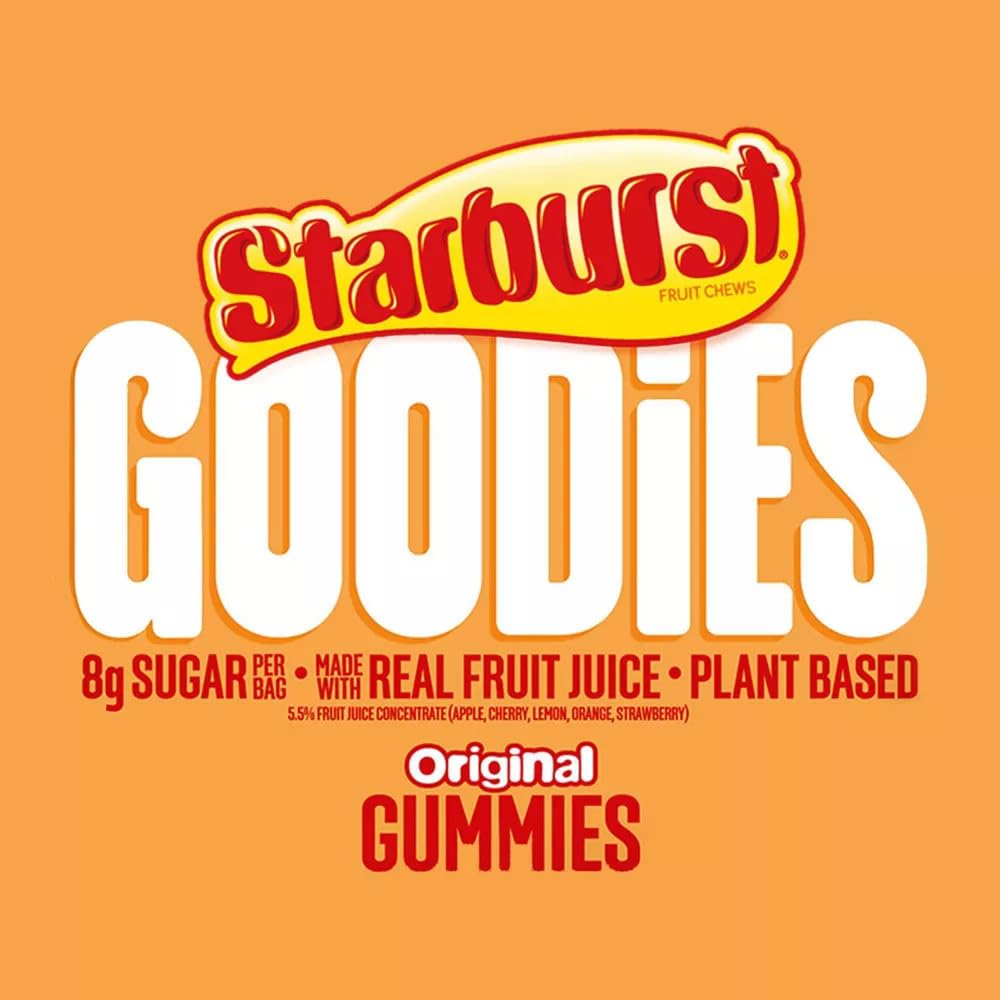 Starburst Goodies gummies made with real fruit juice for juicy flavor.