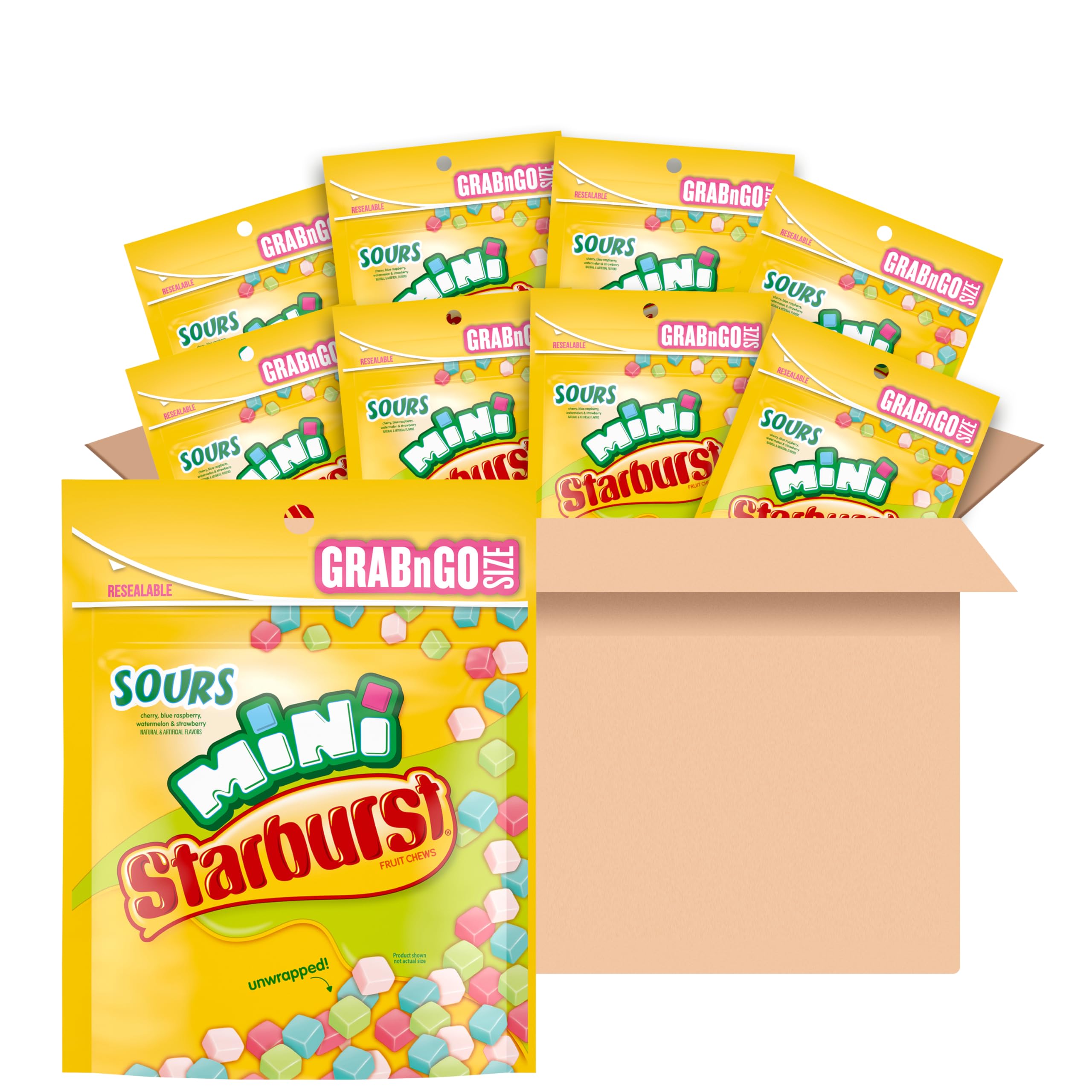 STARBURST Minis Sours front view with vibrant colors for quick on-the-go snacking.