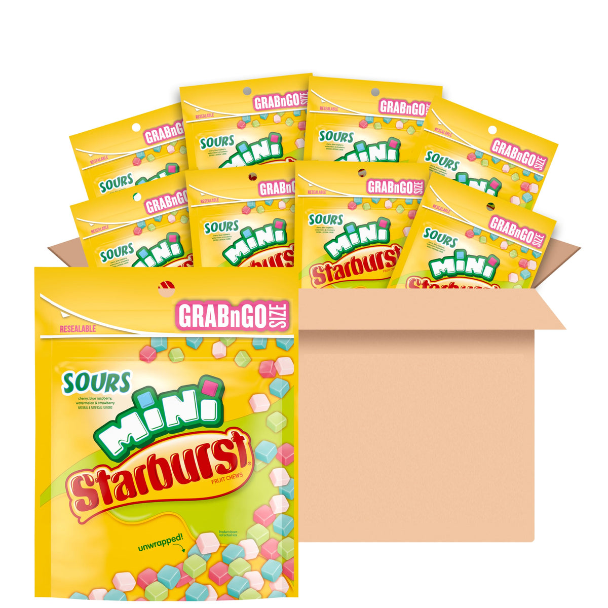 STARBURST Minis Sours front view with vibrant colors for quick on-the-go snacking.