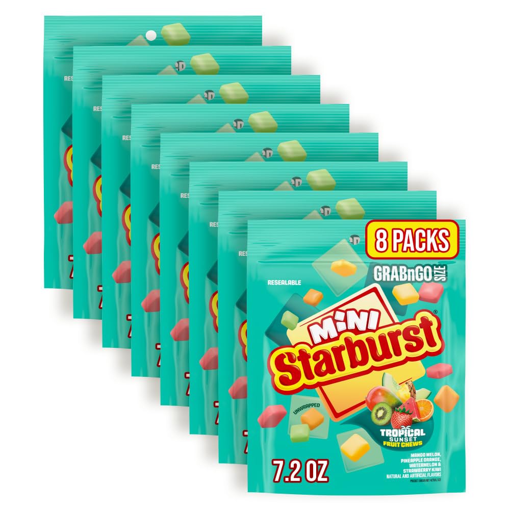 Starburst Minis Tropical Sunset bag front for grab-and-go snacking.