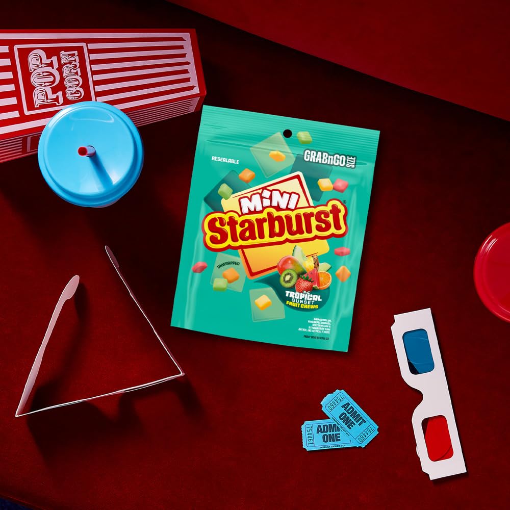 Starburst Minis Tropical Sunset movie-night tray pairing with popcorn.