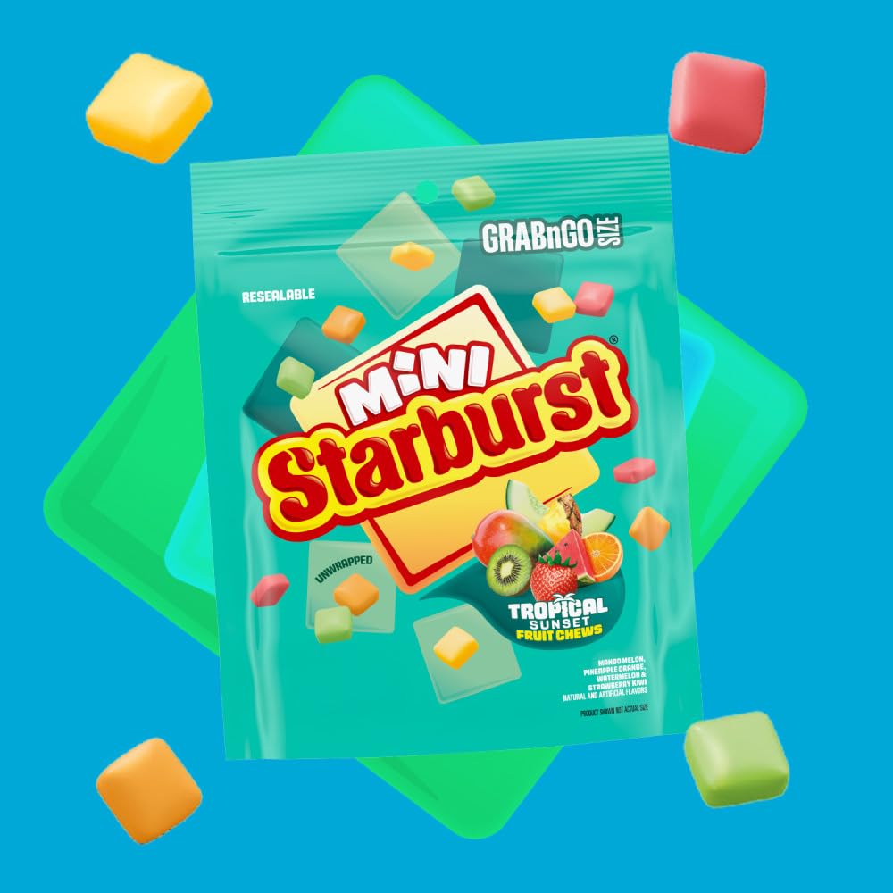 Starburst Minis Tropical Sunset pineapple-orange flavor closeup for taste variety.