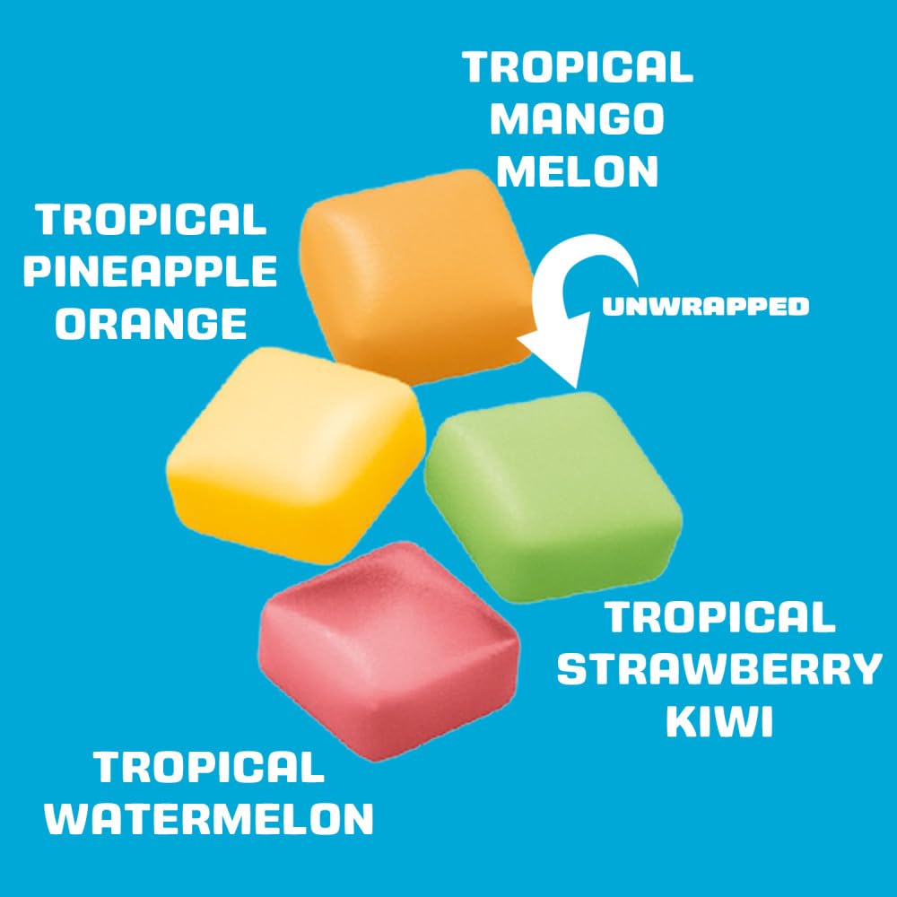 Starburst Minis Tropical Sunset watermelon kiwi chews in a vibrant shot.