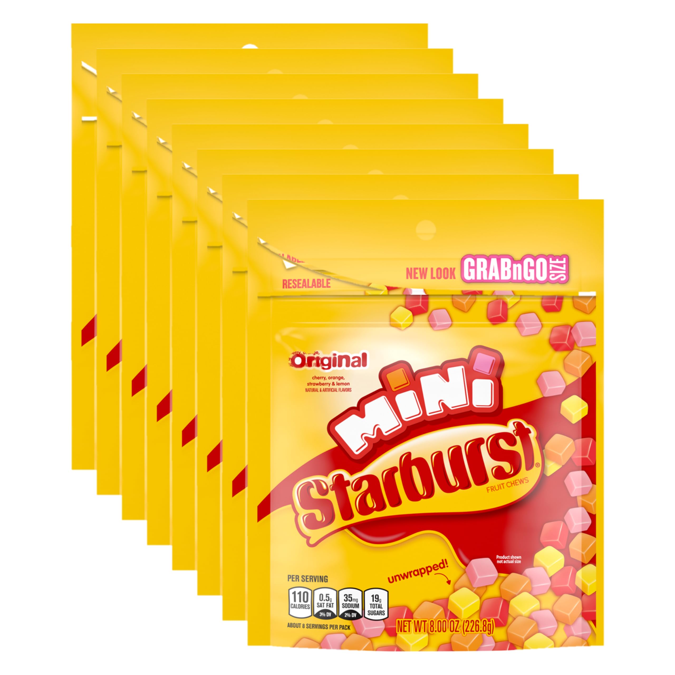 Starburst Original Minis bag front with resealable 8 oz packaging for on-the-go snacking.