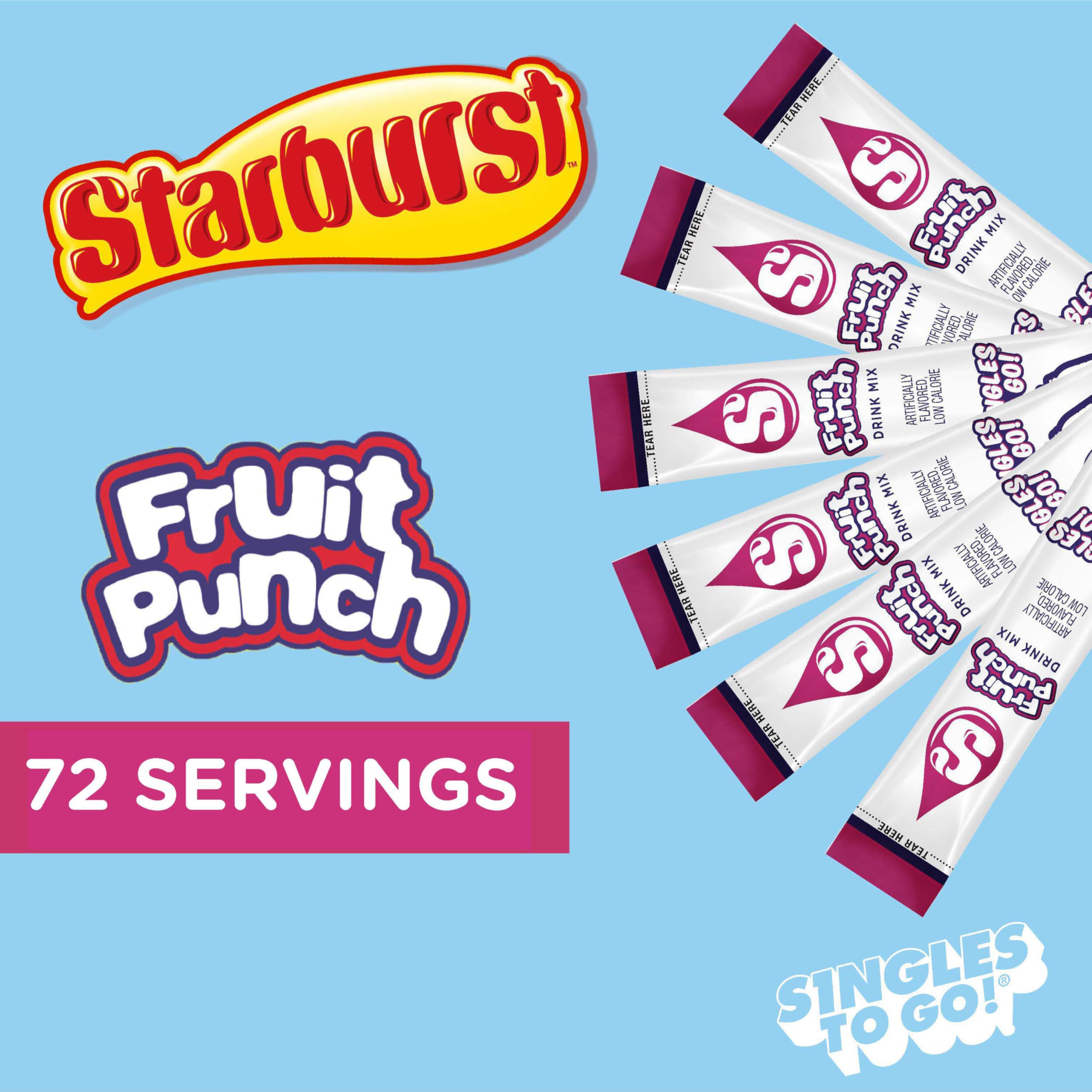 Starburst Singles To Go fruit punch box packaging highlights sugar-free, low-calorie mix.