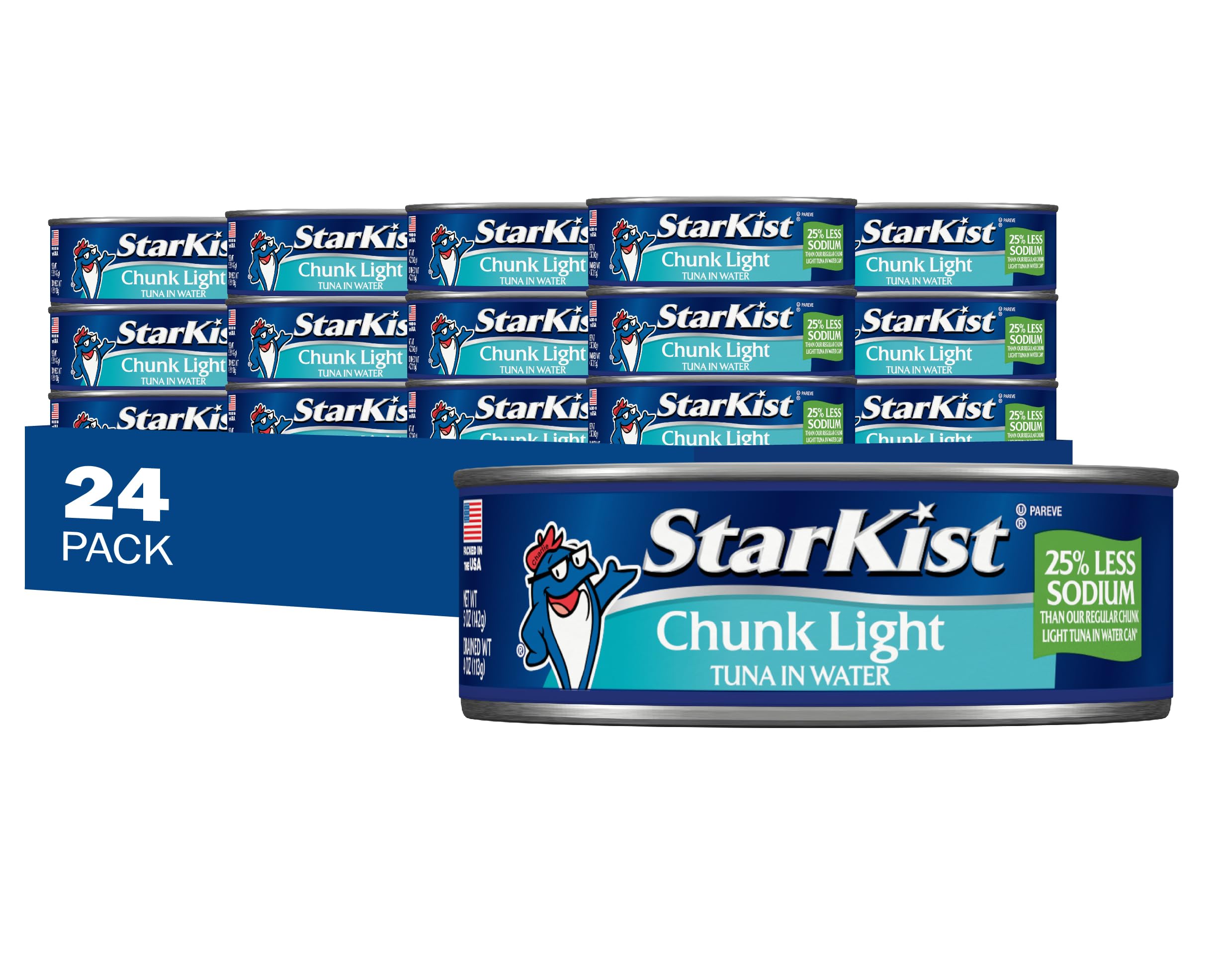 StarKist 25% less sodium tuna in water can on shelf for quick meals.