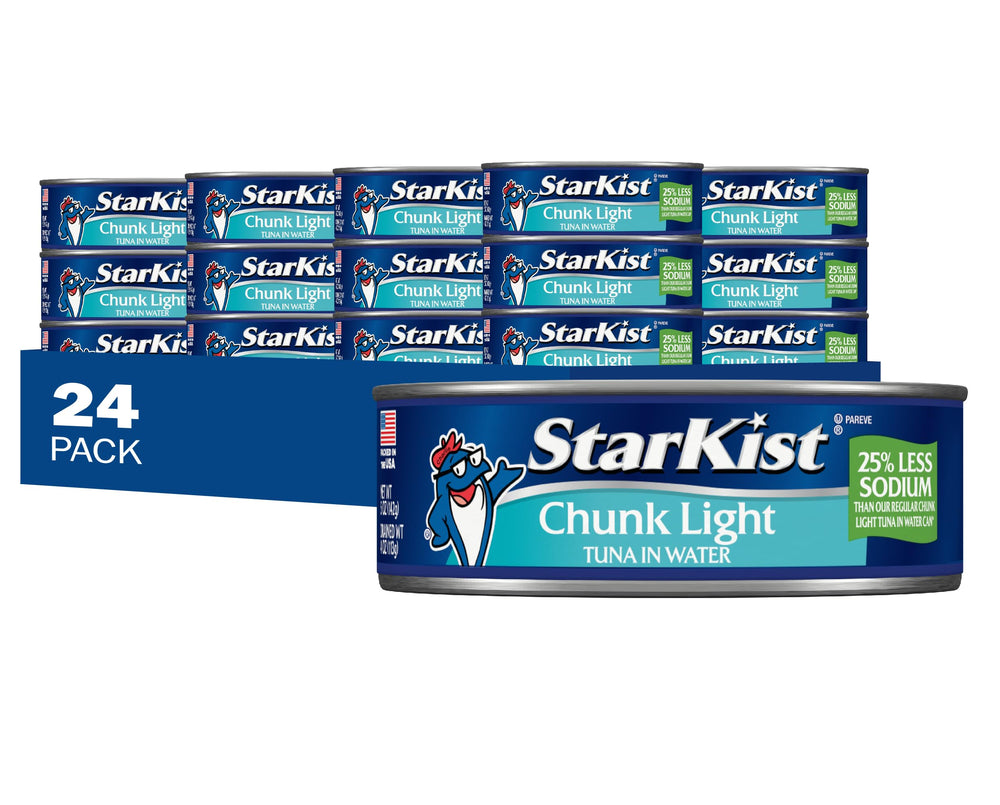 StarKist 25% less sodium tuna in water can on shelf for quick meals.