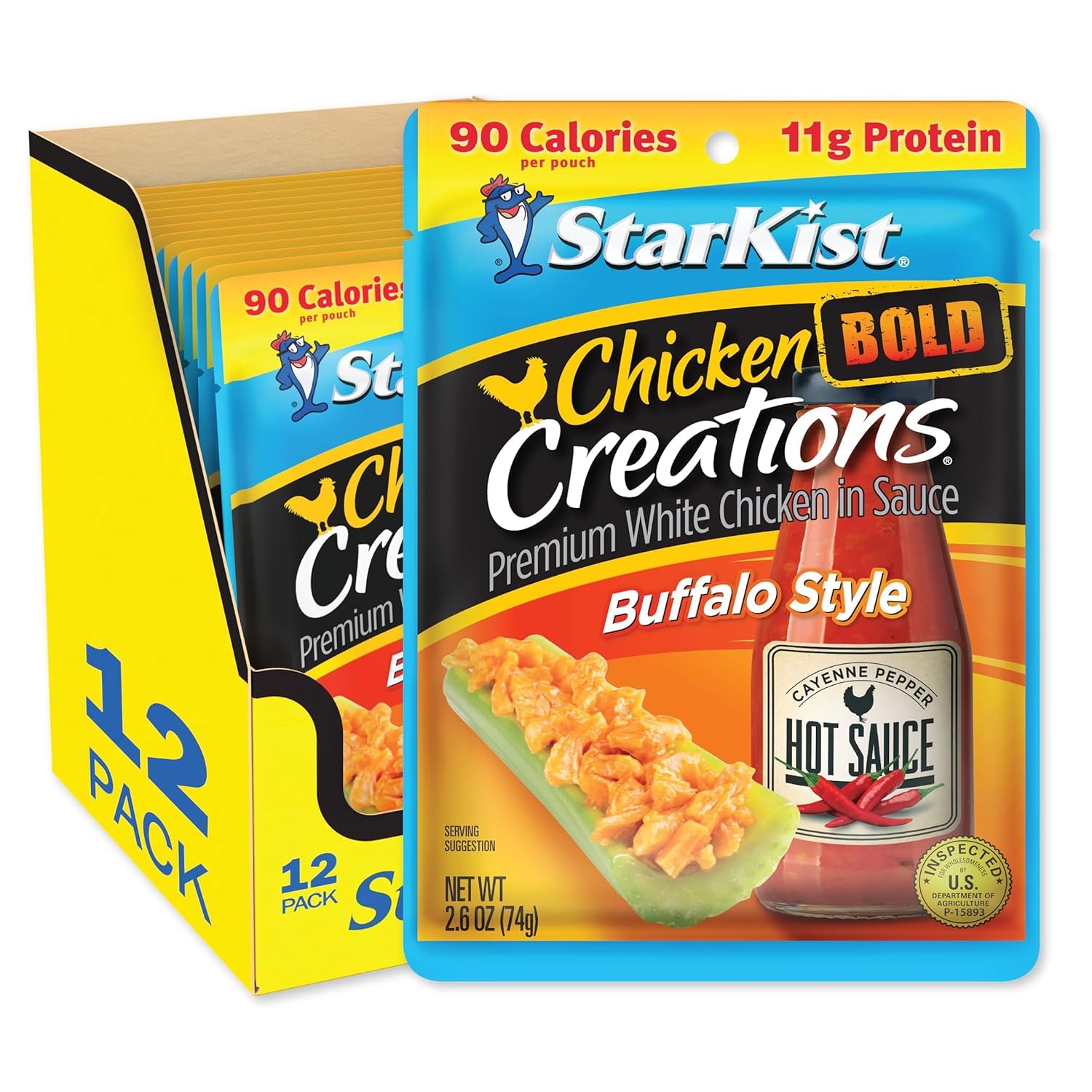 StarKist Bold Buffalo Style pouch close-up showing fiery flavor for on-the-go meals.