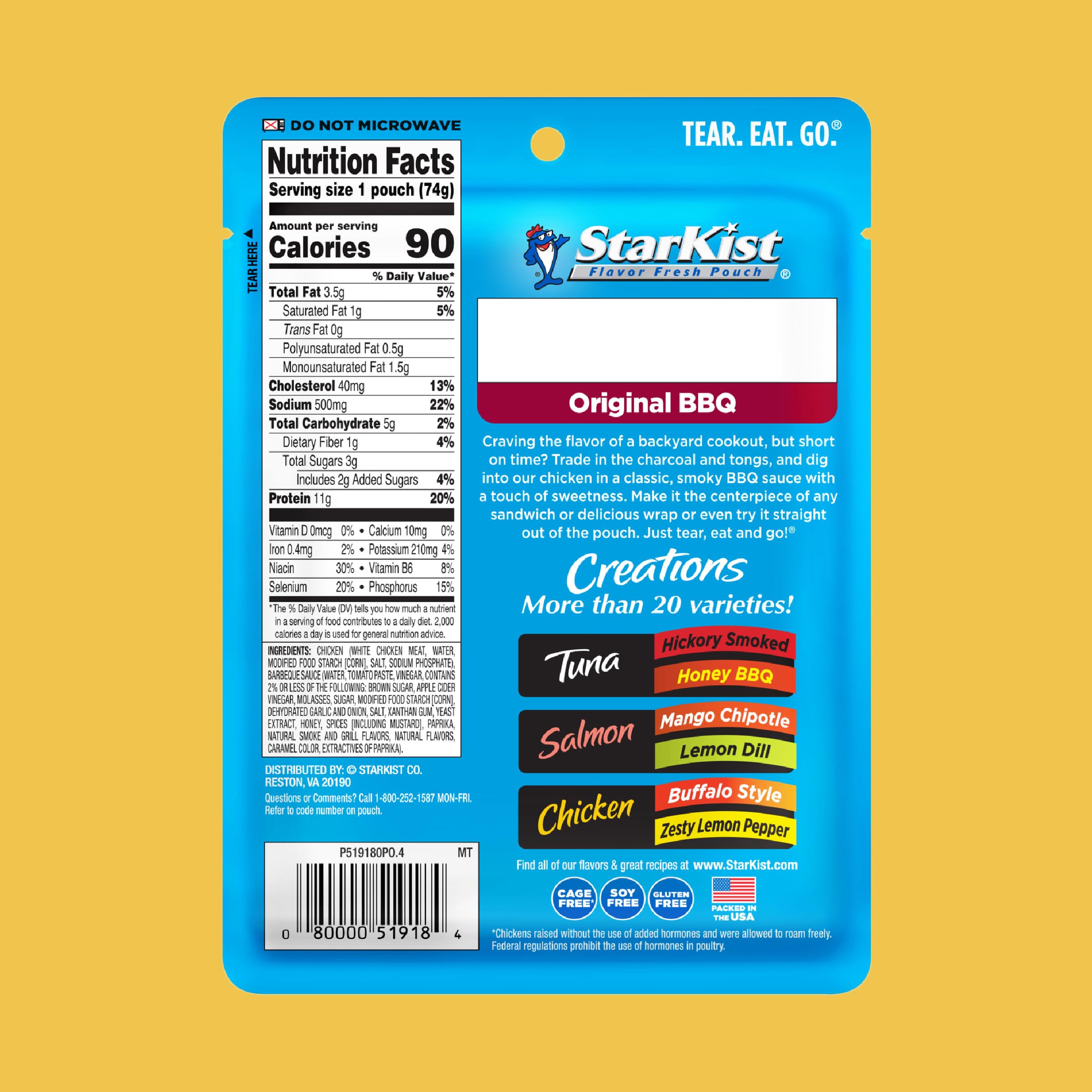StarKist Chicken Creations Original BBQ pouch label highlighting ready-to-eat protein
