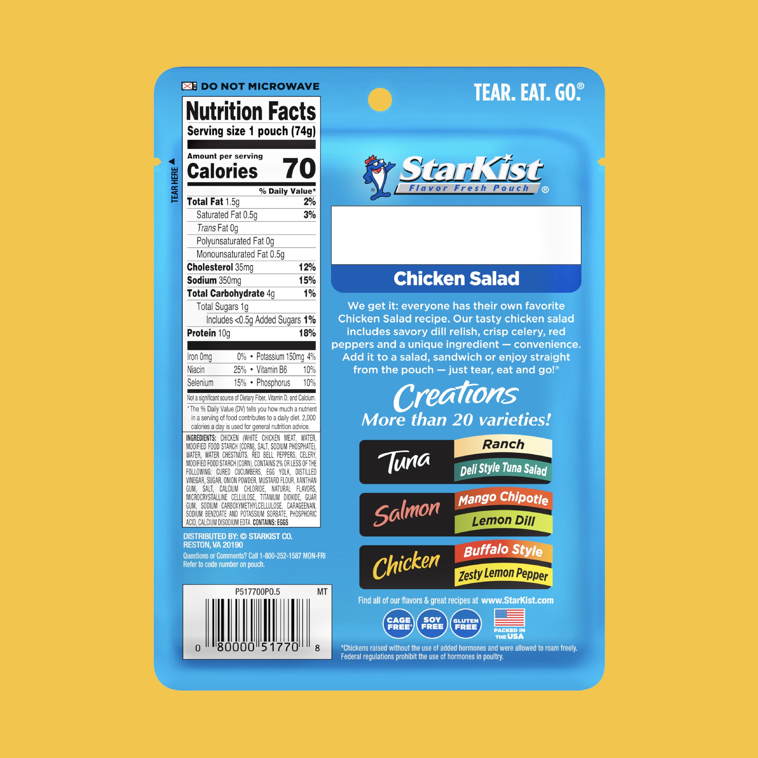StarKist Chicken Creations premium white chicken emphasizes lean protein per pouch.
