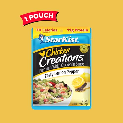 StarKist Chicken Creations Zesty Lemon Pepper opened pouch ready for quick salad topping.