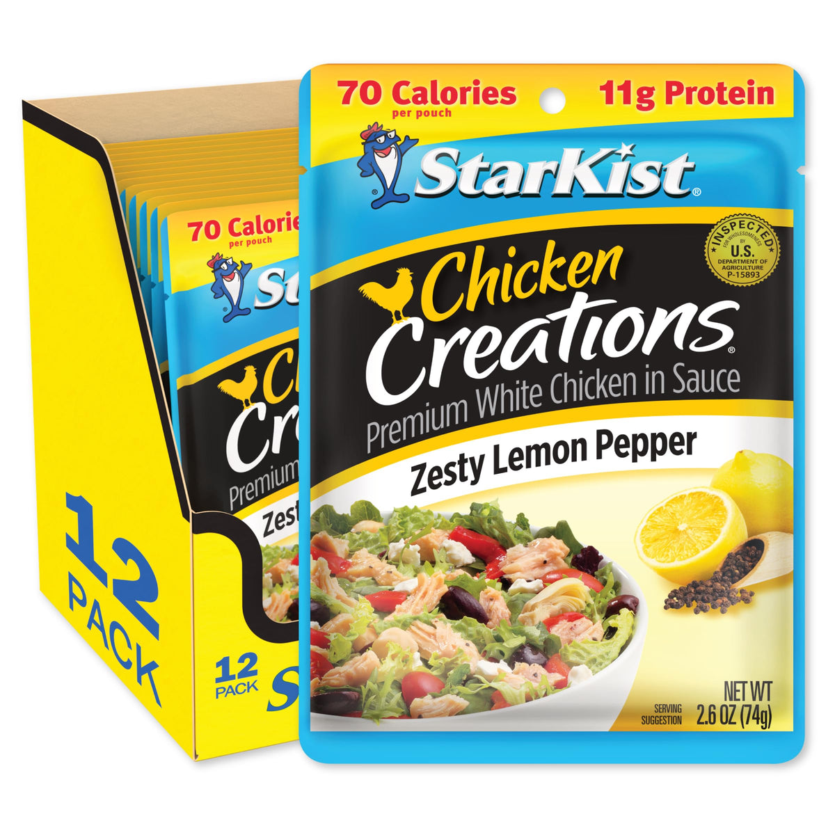 StarKist Chicken Creations Zesty Lemon Pepper pouch front view for quick, ready-to-eat meals.
