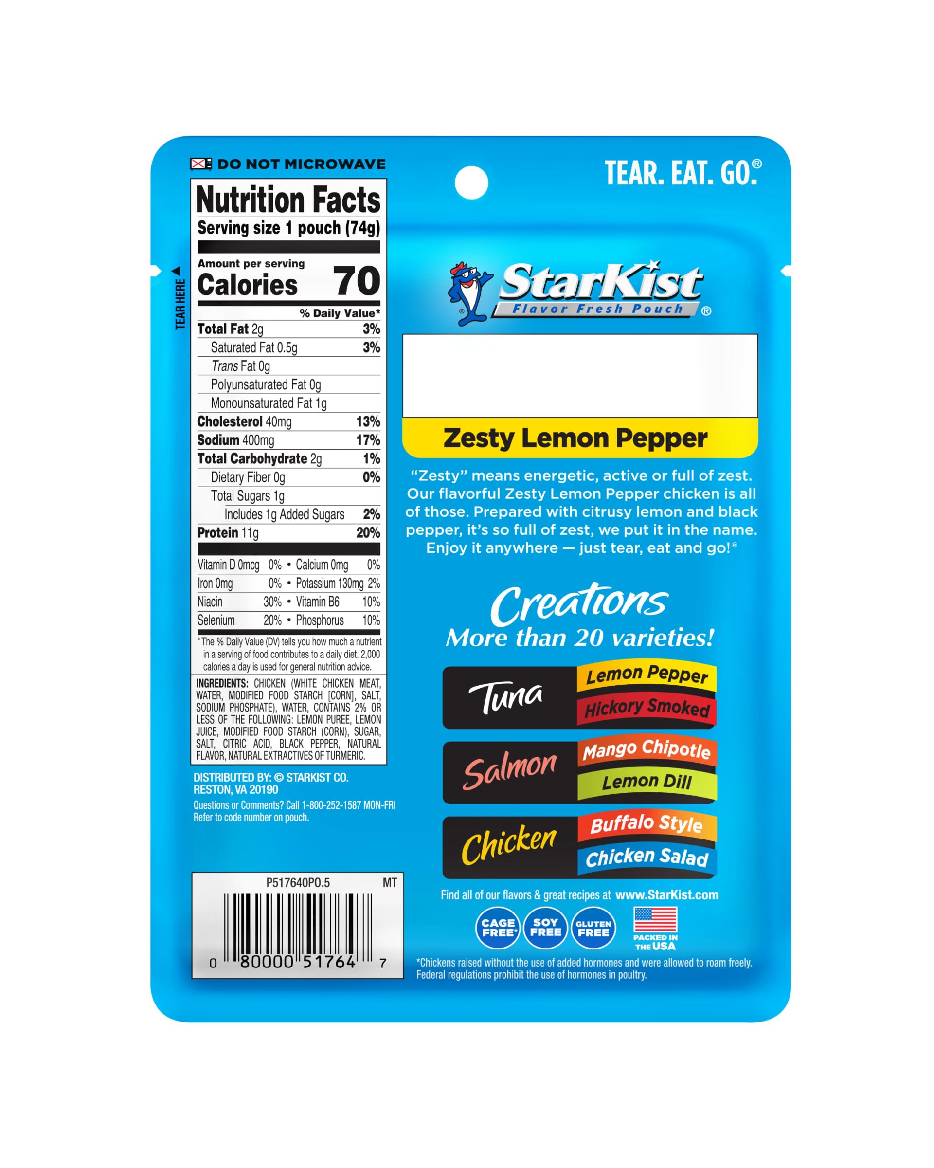 StarKist Chicken Creations Zesty Lemon Pepper pouch nutrition label visible with 12 g protein per pouch.