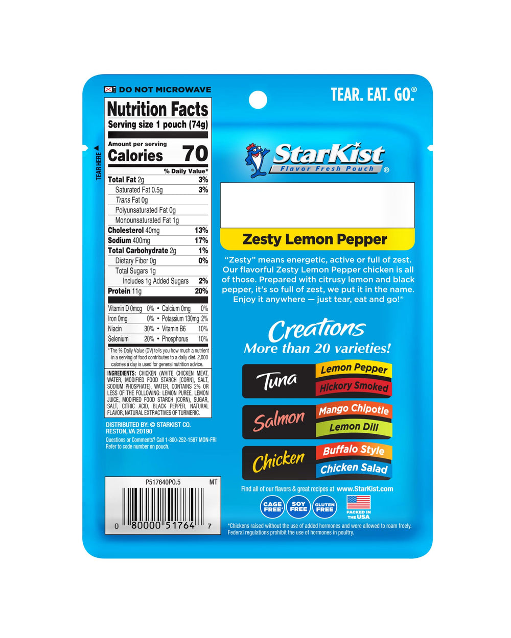 StarKist Chicken Creations Zesty Lemon Pepper pouch nutrition label visible with 12 g protein per pouch.
