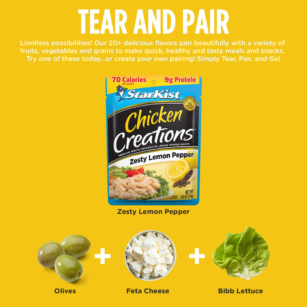 StarKist Chicken Creations Zesty Lemon Pepper snack served with cucumber slices.