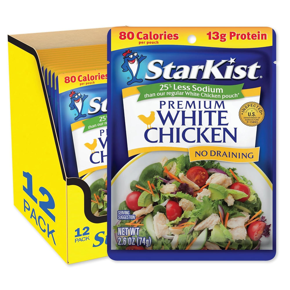 StarKist Less Sodium Premium White Chicken pouch close-up showing tender, ready-to-eat chicken.