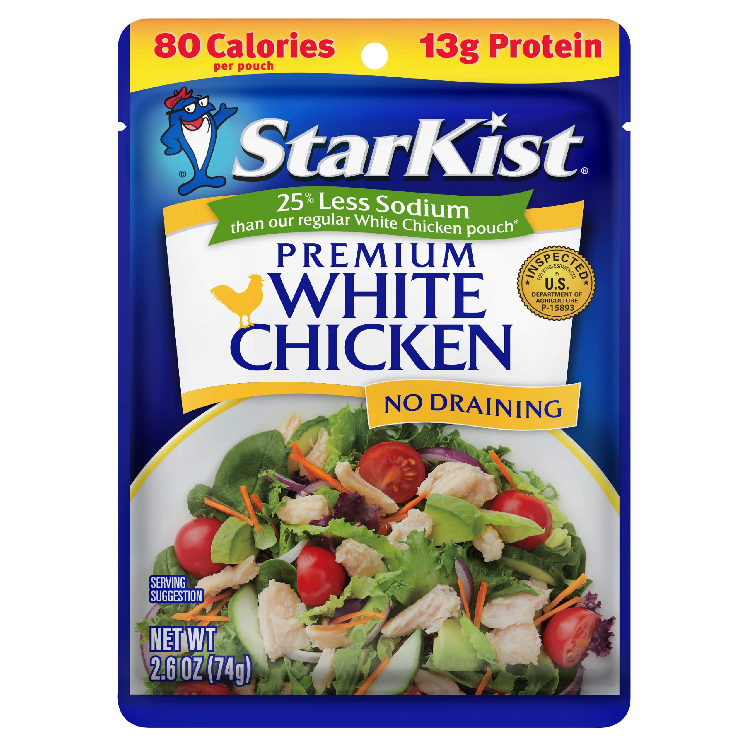 StarKist Less Sodium Premium White Chicken pouch front view, convenient protein for snacks.