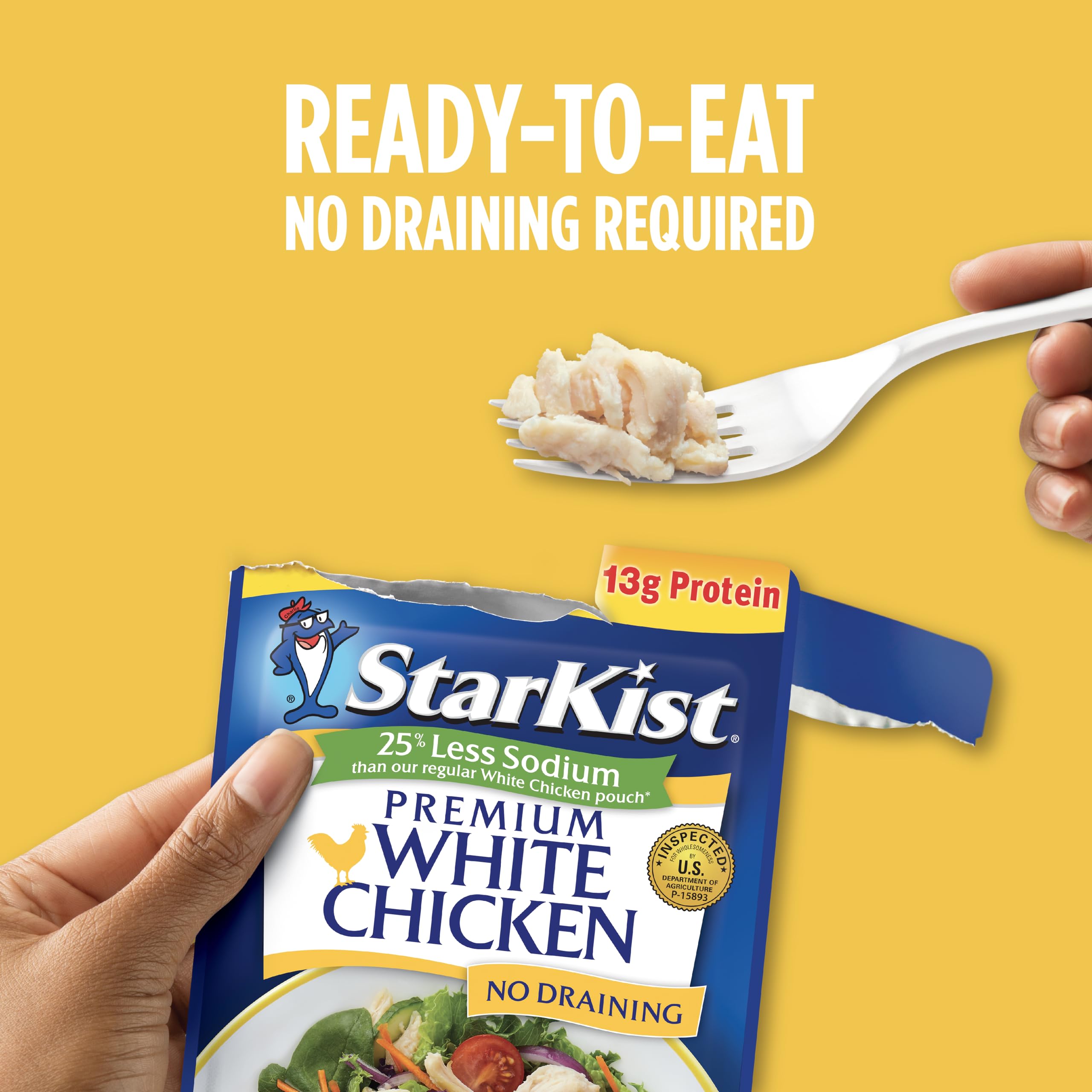 StarKist Less Sodium Premium White Chicken pouch kitchen-ready, no prep required.