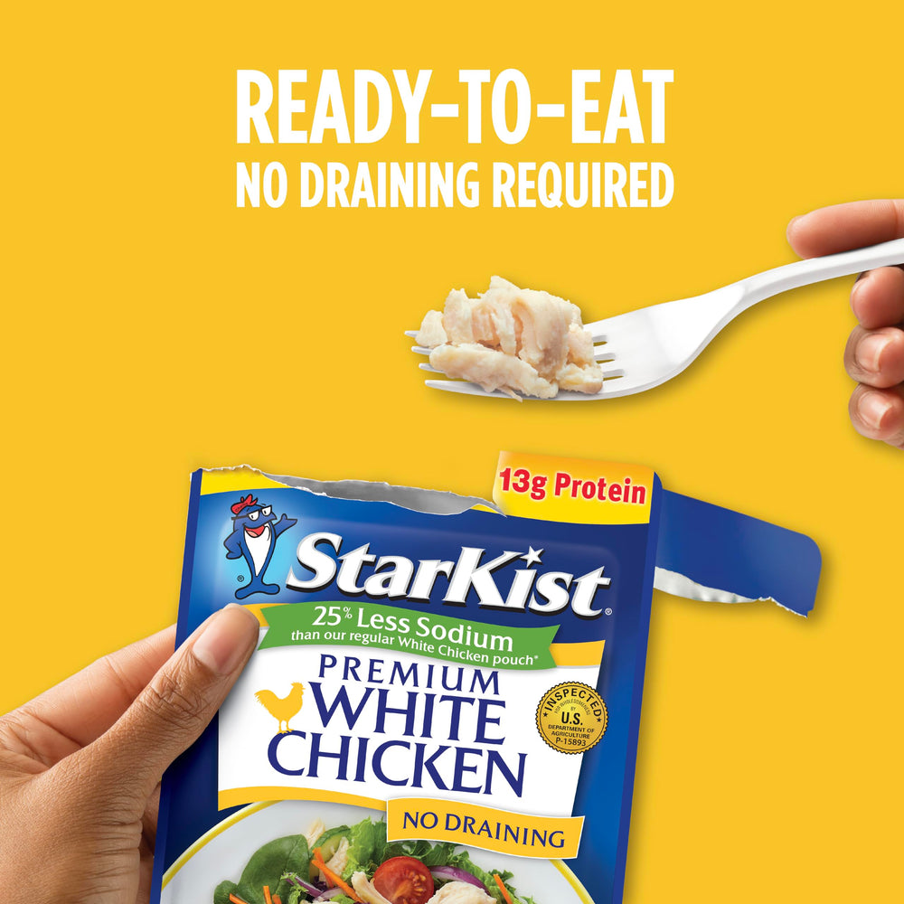 StarKist Less Sodium Premium White Chicken pouch kitchen-ready, no prep required.