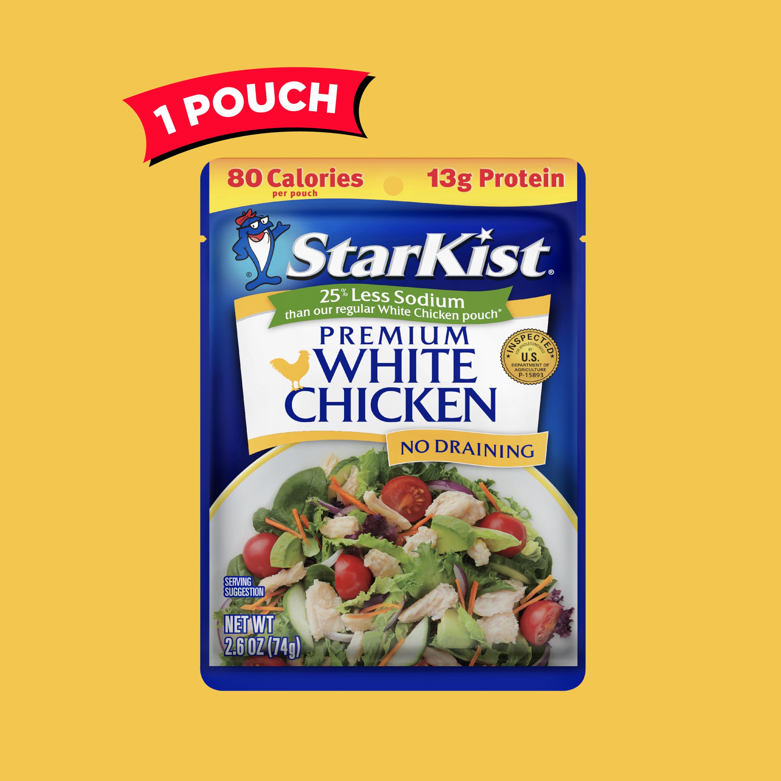 StarKist Less Sodium Premium White Chicken pouch packaging, compact for travel.