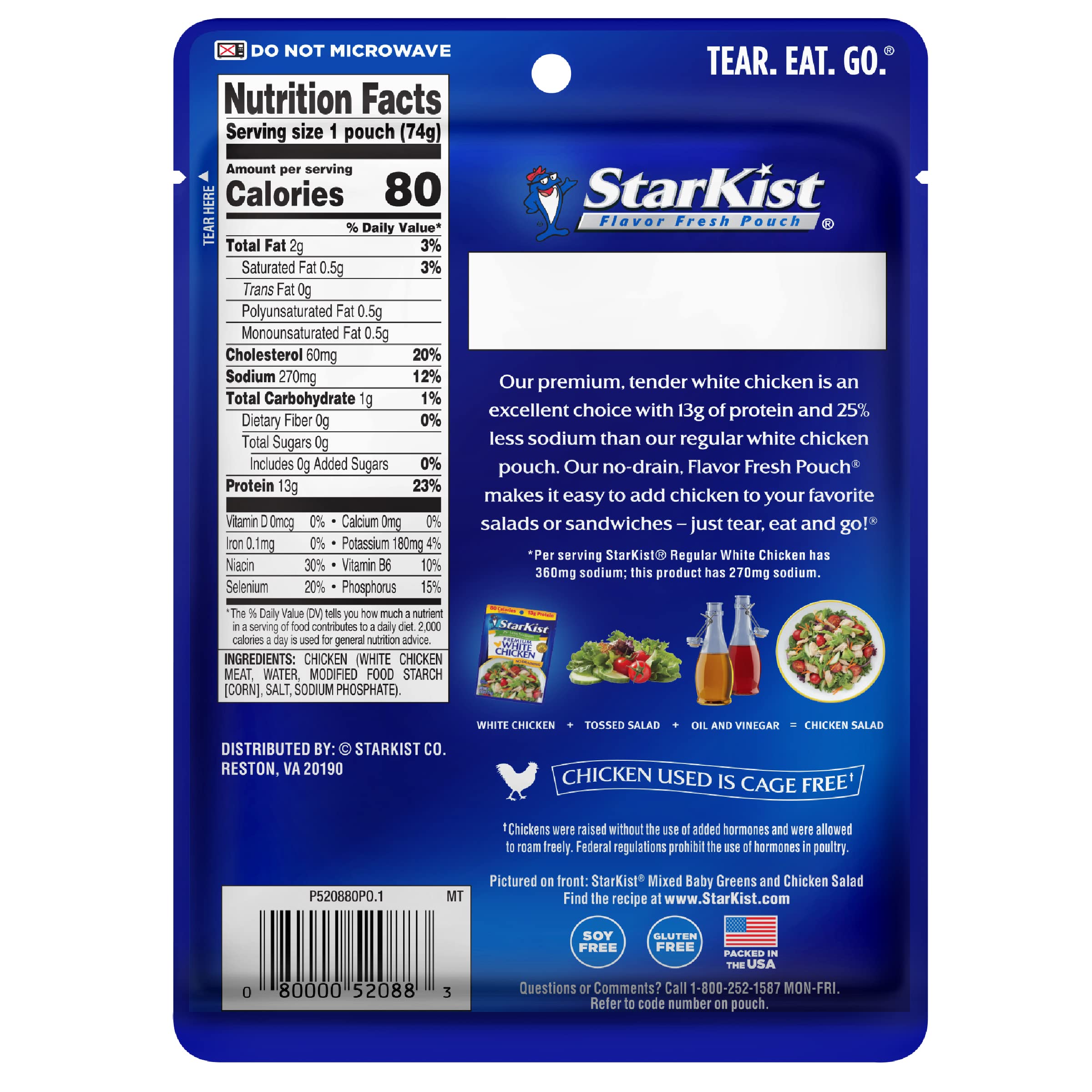 StarKist Less Sodium Premium White Chicken pouch serving size, ideal for quick meals.