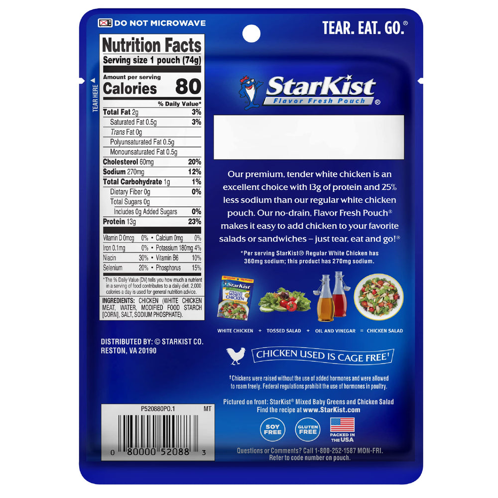 StarKist Less Sodium Premium White Chicken pouch serving size, ideal for quick meals.