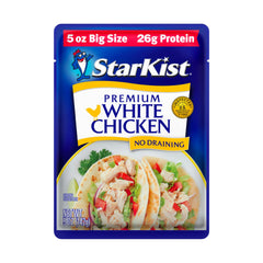 StarKist Premium White Chicken pouch closeup showing ready-to-eat protein on the go