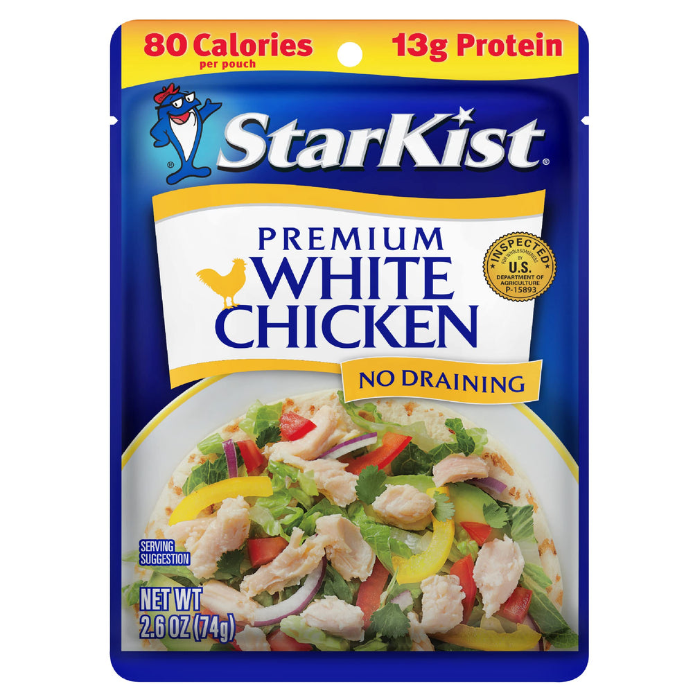 StarKist Premium White Chicken pouch front view ready to eat from pouch