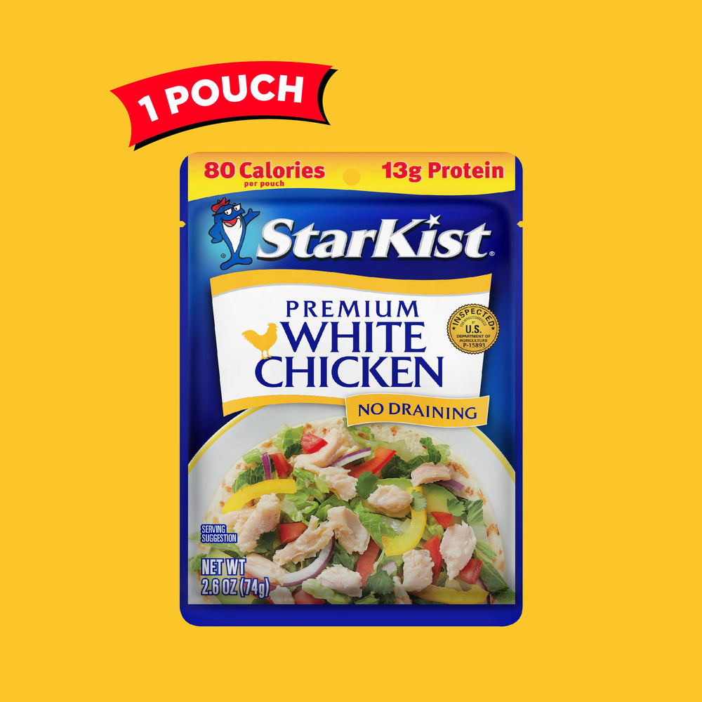 Packaging close-up of StarKist Premium White Chicken showing quality seal