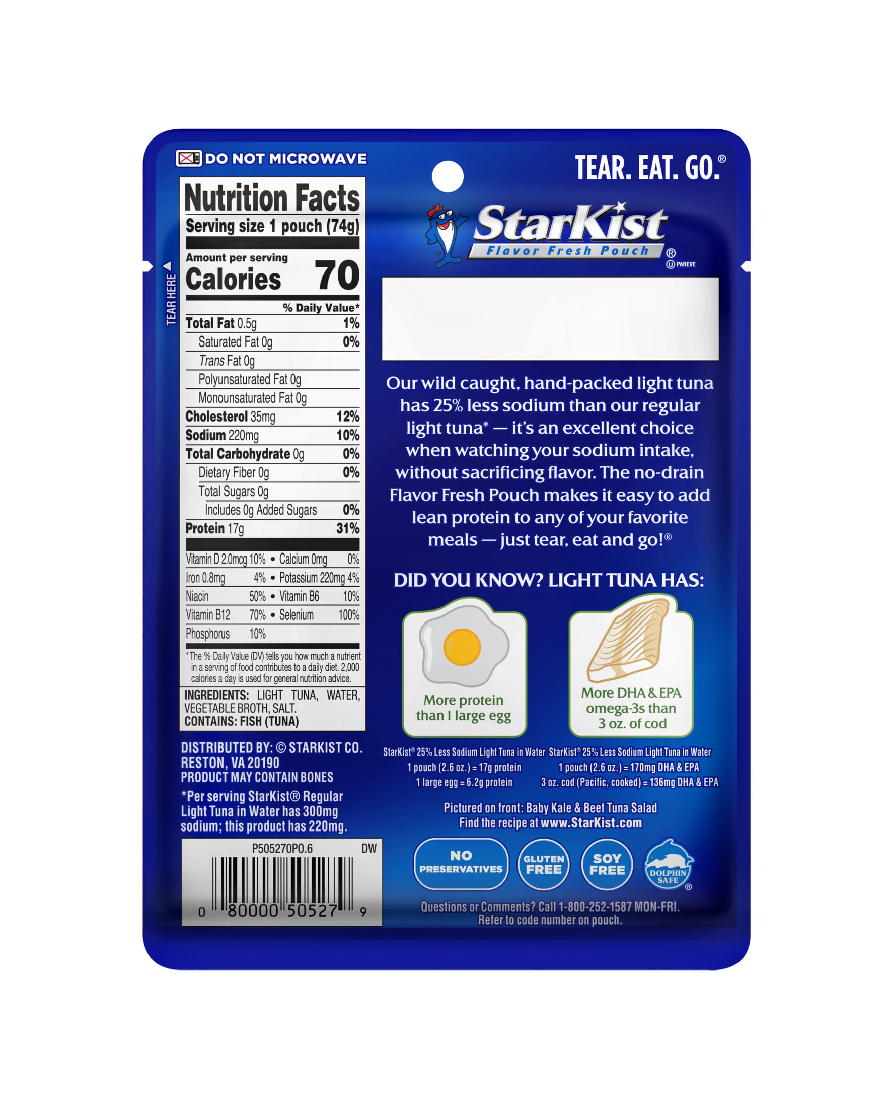 StarKist reduced-sodium tuna in water pouch open-and-go, no draining.