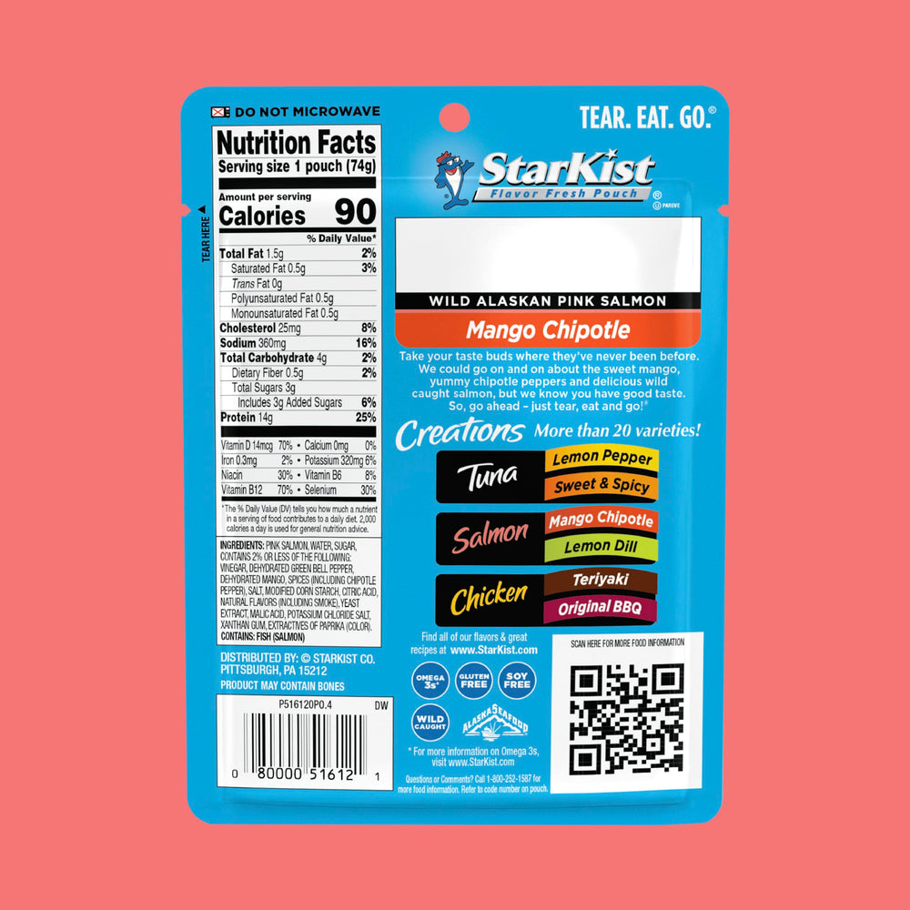 StarKist Mango Chipotle pouch open tear, quick snack or lunch option.