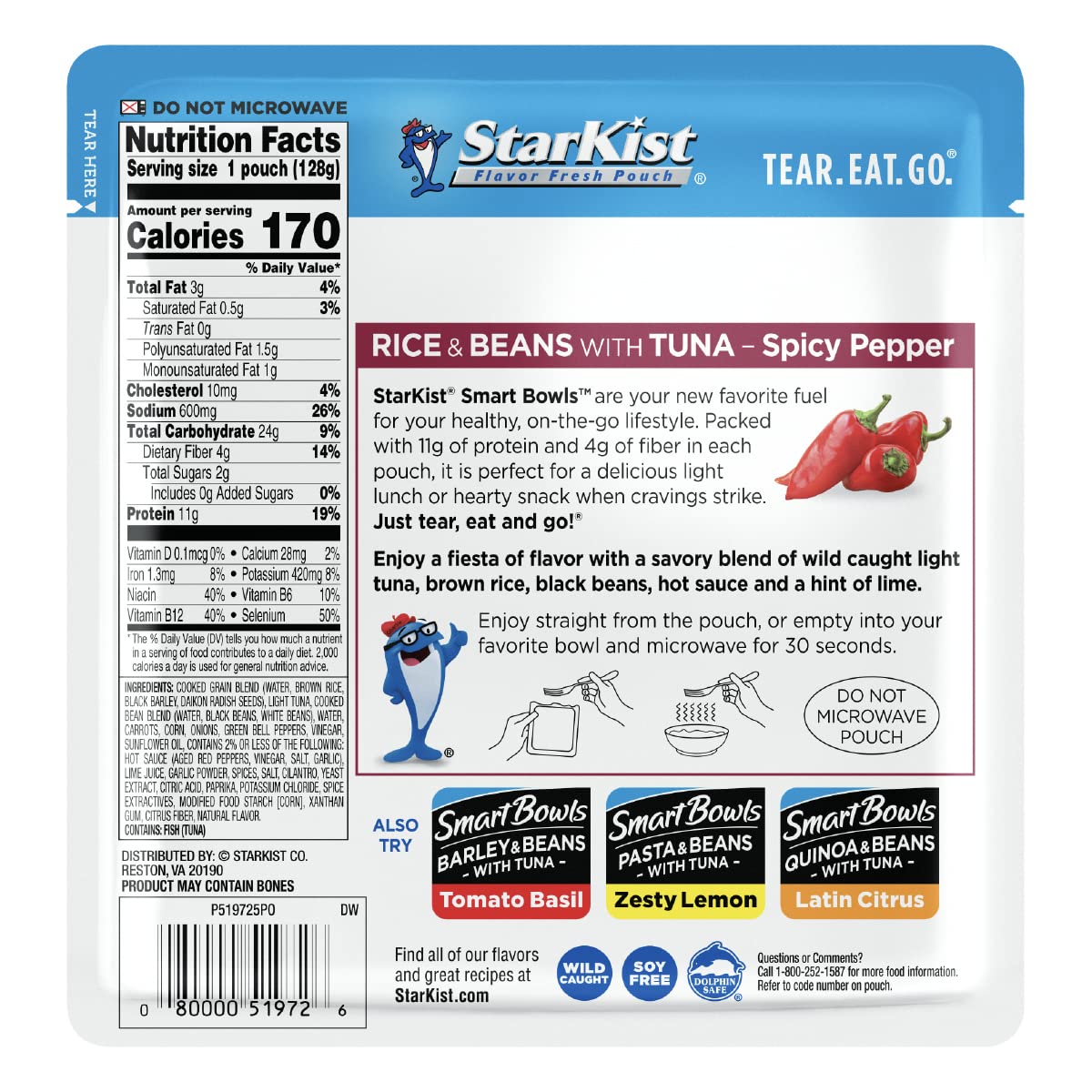 StarKist Smart Bowls Spicy Pepper shows brown rice and beans in a pouch