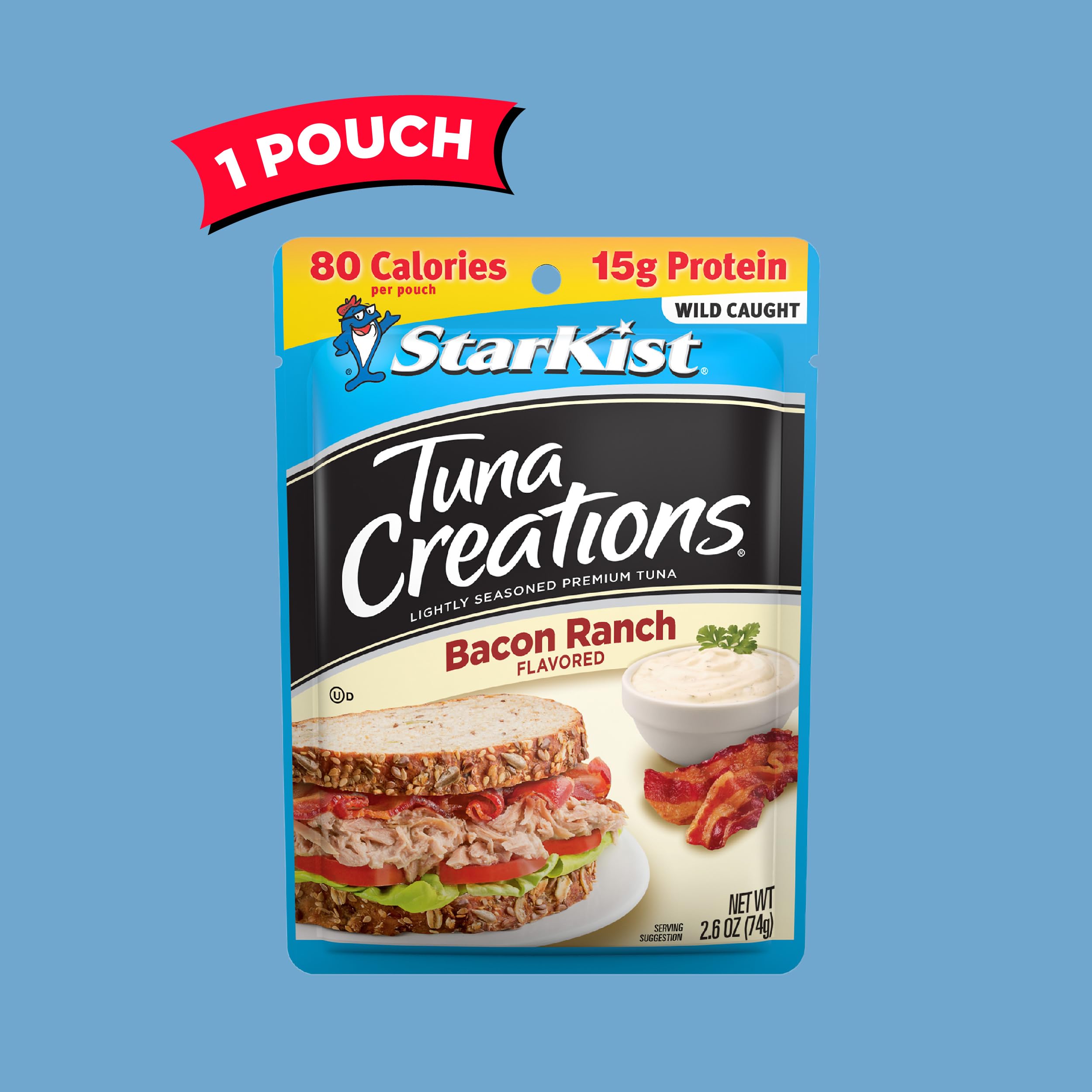 StarKist Bacon Ranch tuna pouch shows 80 calories per 2.6 oz