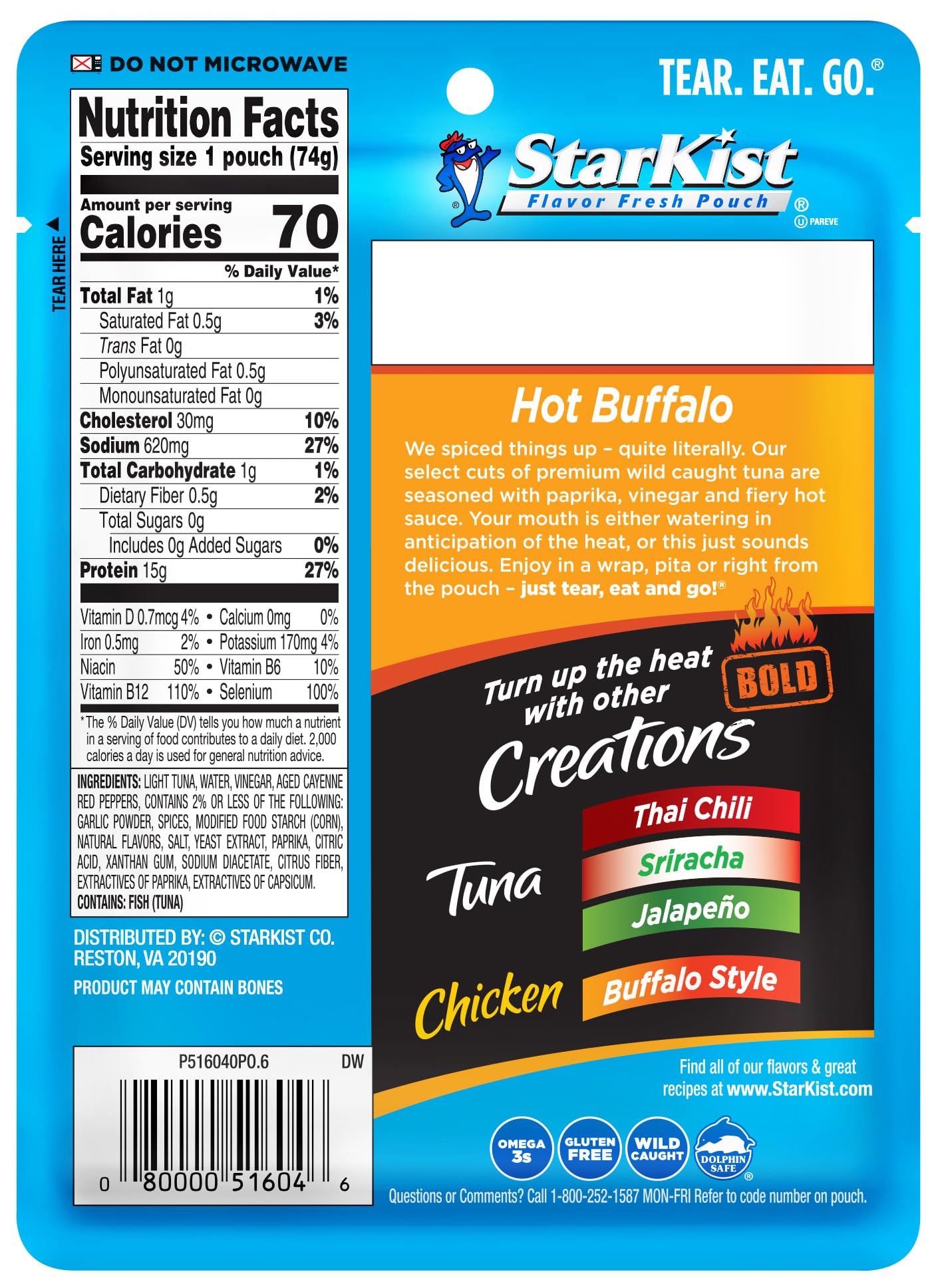 StarKist Bold Hot Buffalo pouch open with seasoned tuna ready for quick meals.